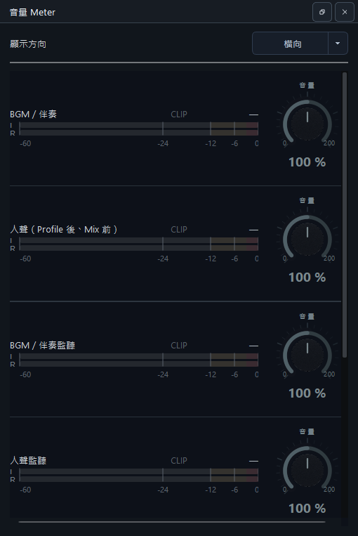 六軌音量 Meter 的橫向電平顯示