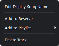 Song context menu with Edit display title, Add to Reserve, Add to playlist, and Delete track