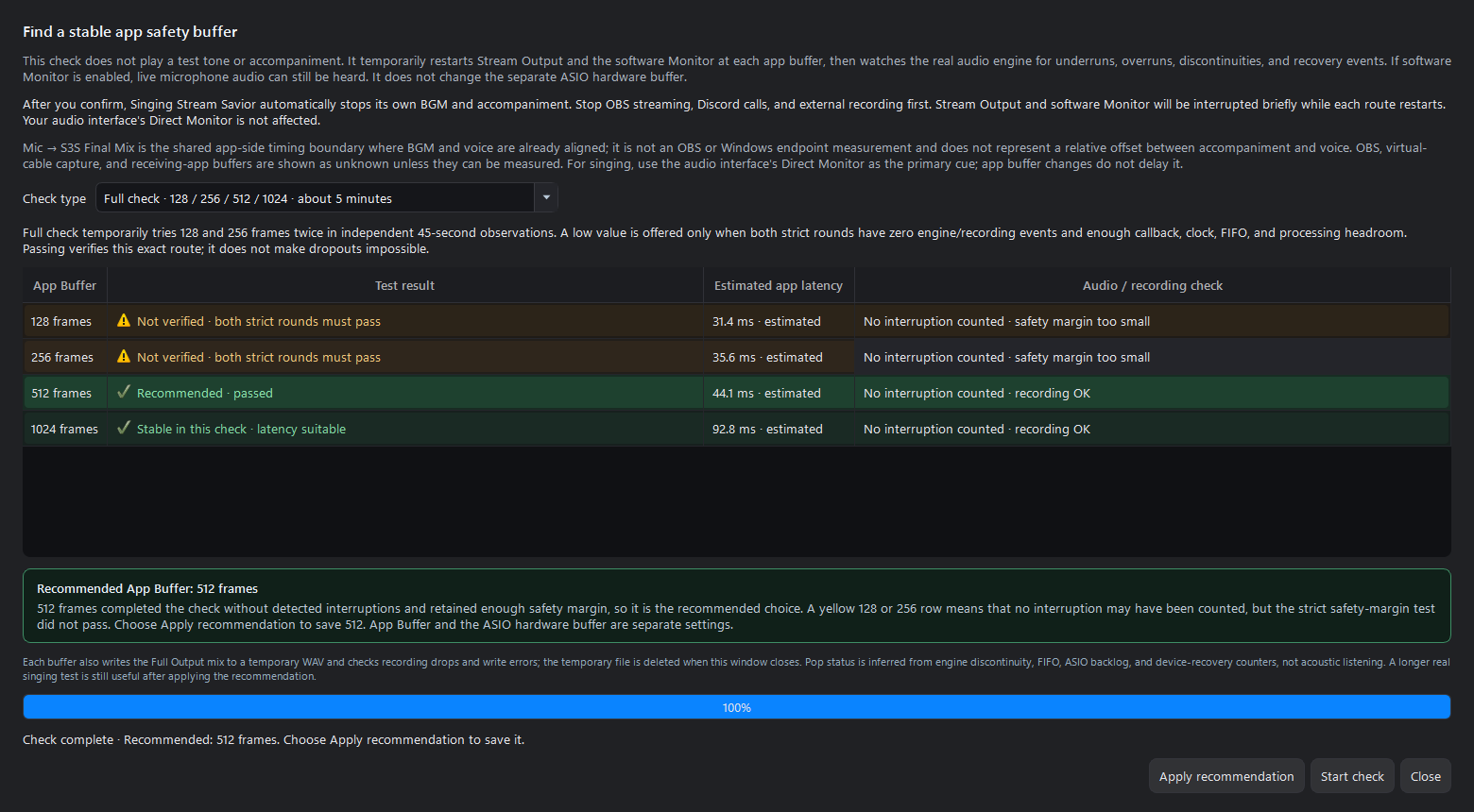 Completed Full App Buffer health-check results