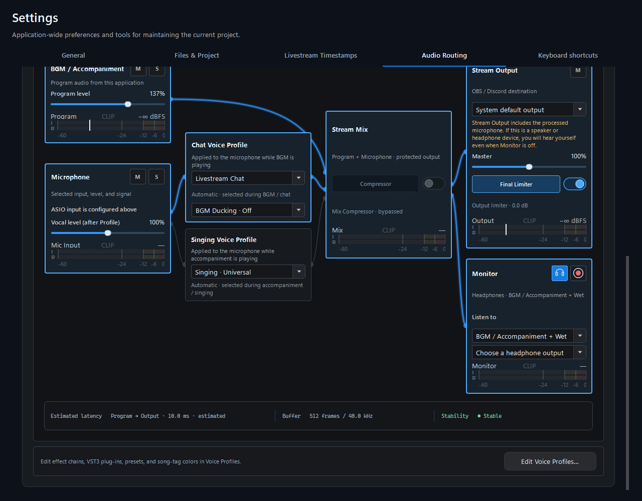 Lower portion of the 2.1.0.0 Audio Routing page