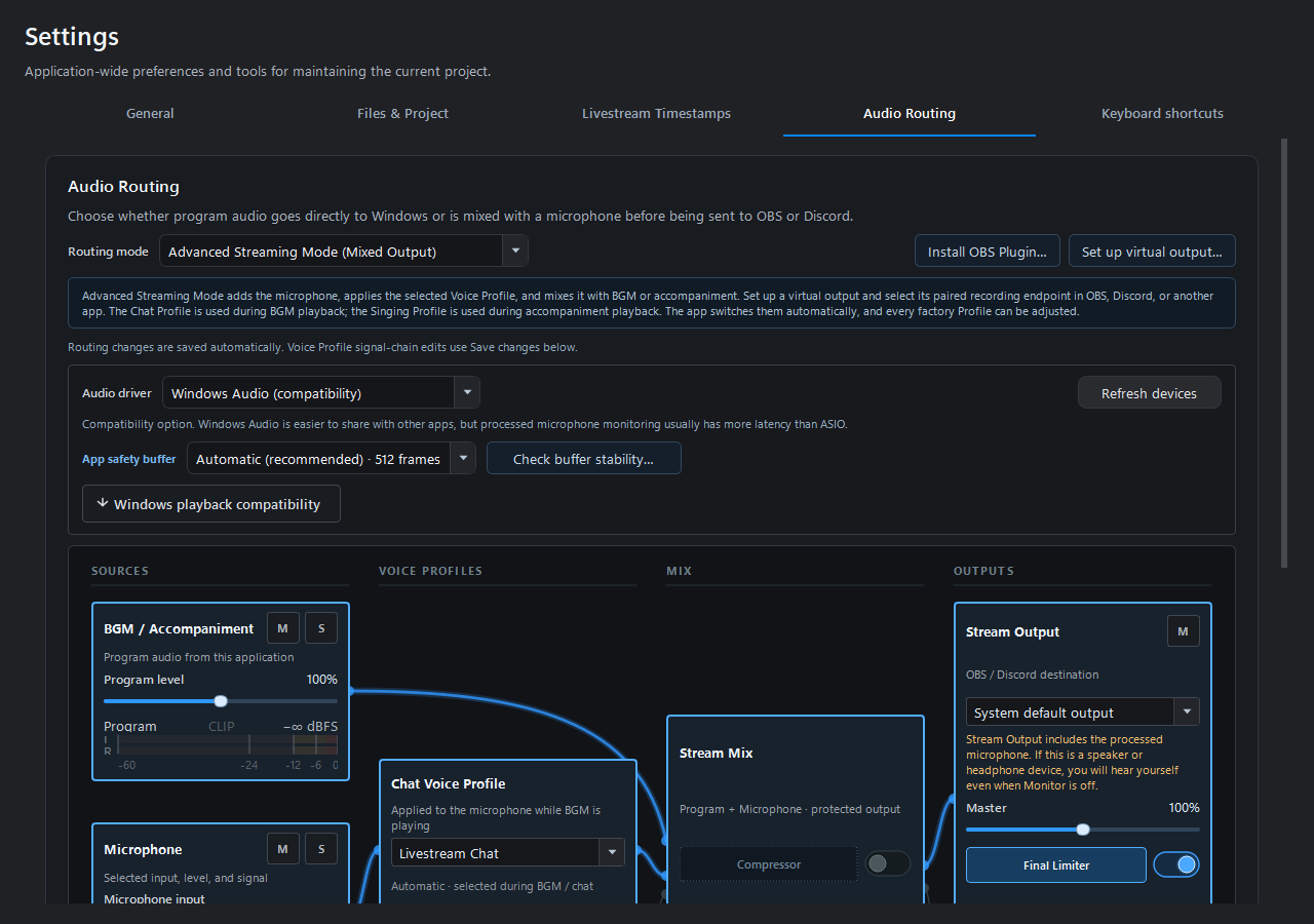Upper portion of the 2.1.0.0 Audio Routing page