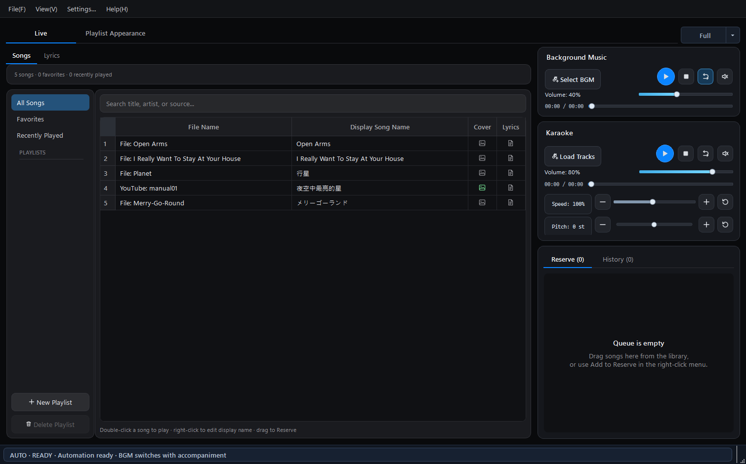 English Full Mode with the library, BGM, karaoke player, and Reserve