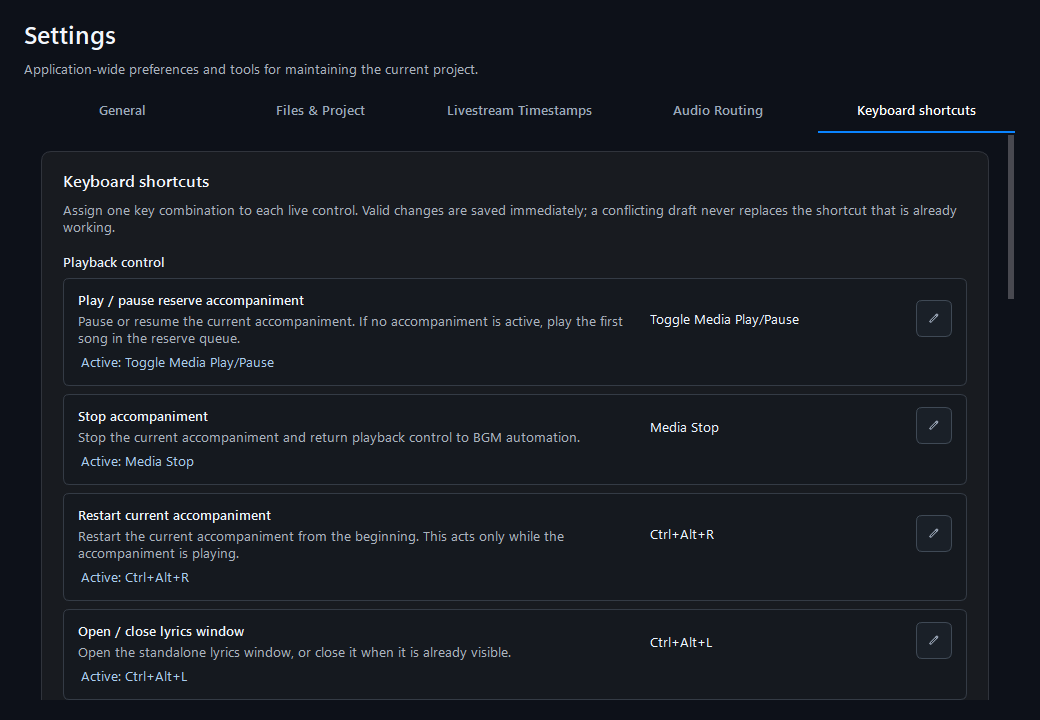 Keyboard Shortcuts settings grouped by playback, microphone, and monitoring