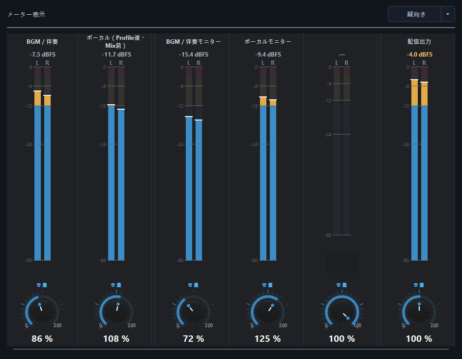 縦方向のレベルバーを使う 6 トラック音量 Meter パネル