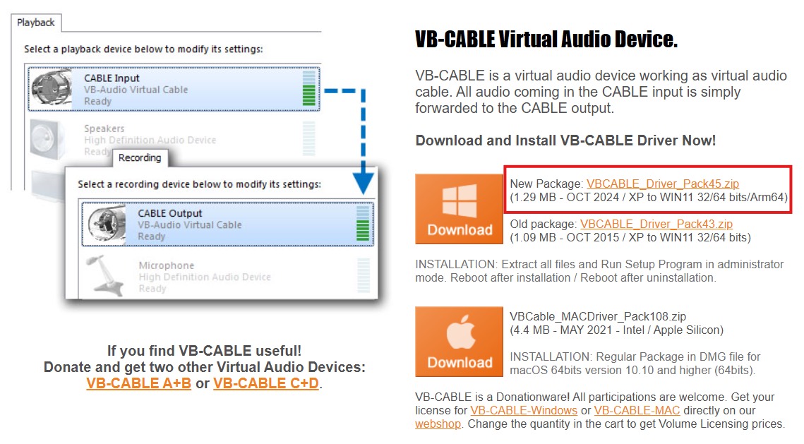 VB-Audio 官方頁面中以紅框標示 Windows 新版 VB-CABLE 套件