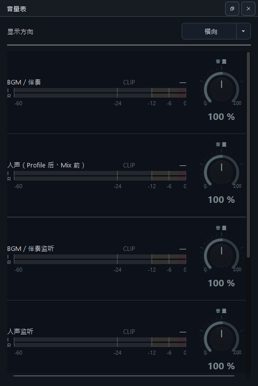 使用横向电平条的六轨音量 Meter